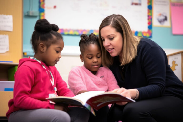 Teacher reading a book with two young students
