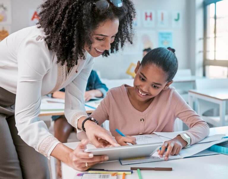 Tablet education, teacher and kid learning, writing and digital support, helping and classroom mentor. Black woman or person teaching child on technology in English, language or creative development