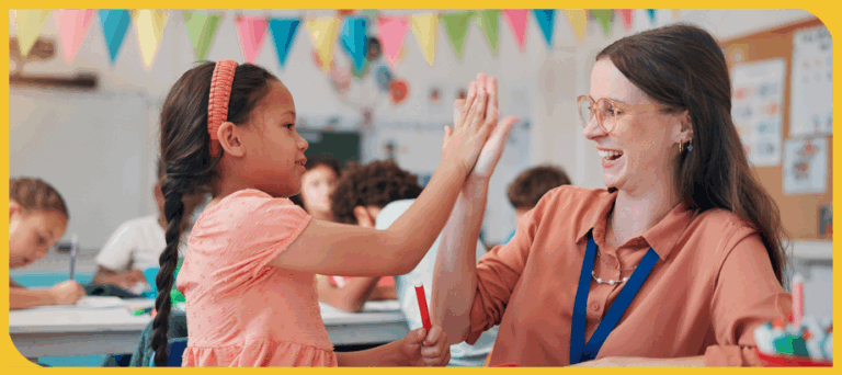 confident female teacher high-fiving elementary student